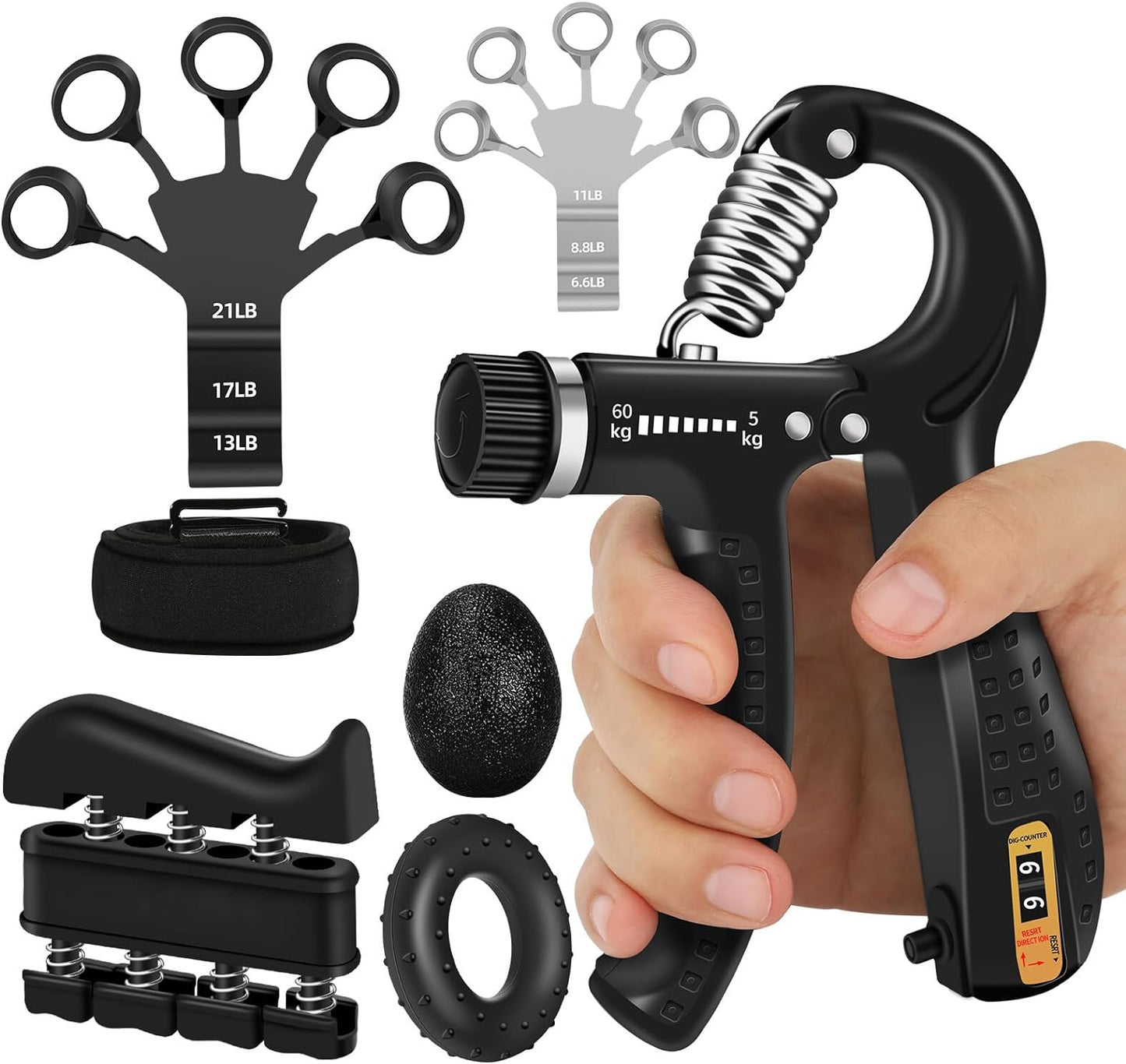 5PCS Grip Strength Trainer Kit with Adjustable Hand and Forearm Gripper, Hand Extension Exerciser, Finger Exerciser, Grip Ring & Stress Relief Grip Ball for Muscle Building and Injury Recover