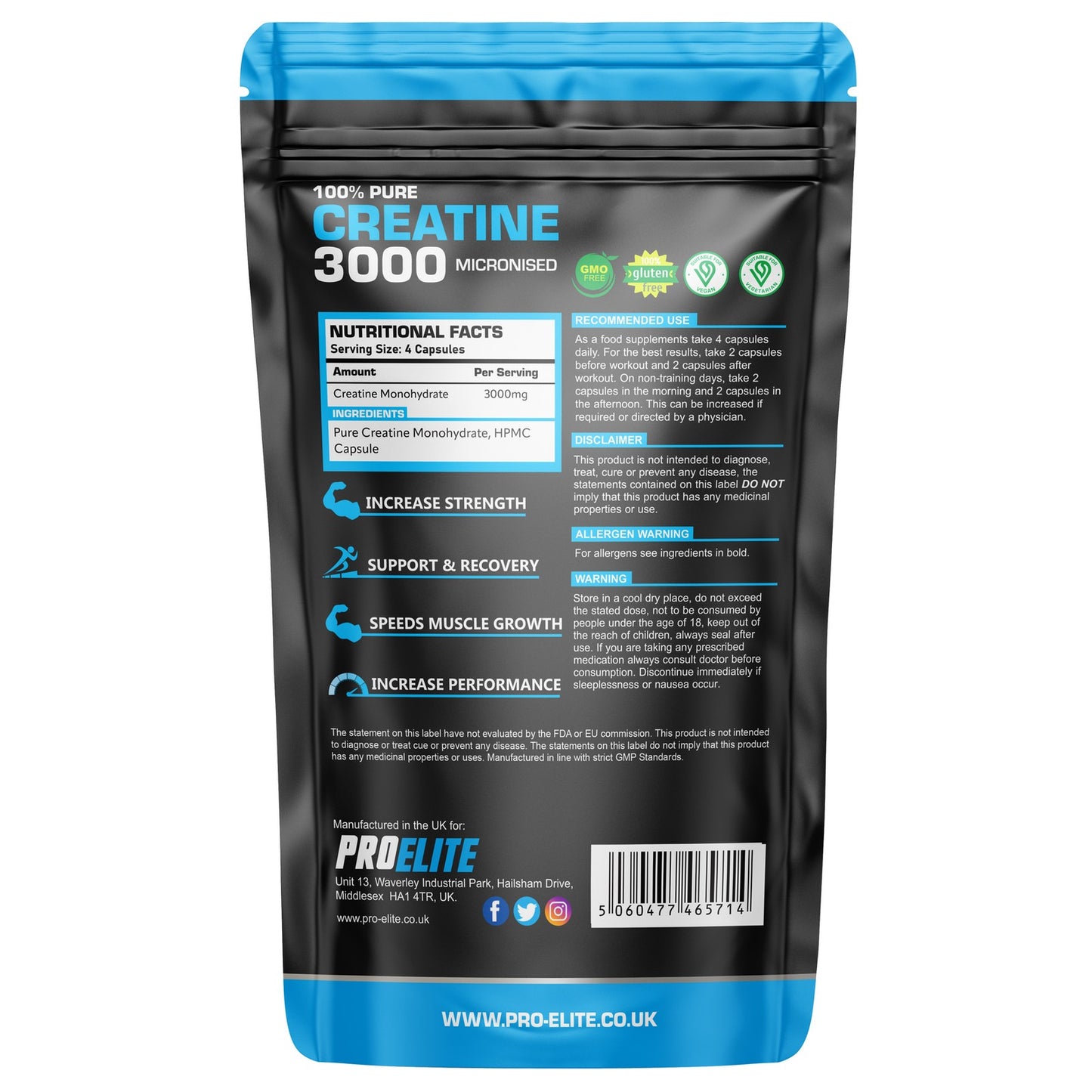 PURE CREATINE MONOHYDRATE 3000MG VEGAN CAPSULES MUSCLE GROWTH STRENGTH and GAINS