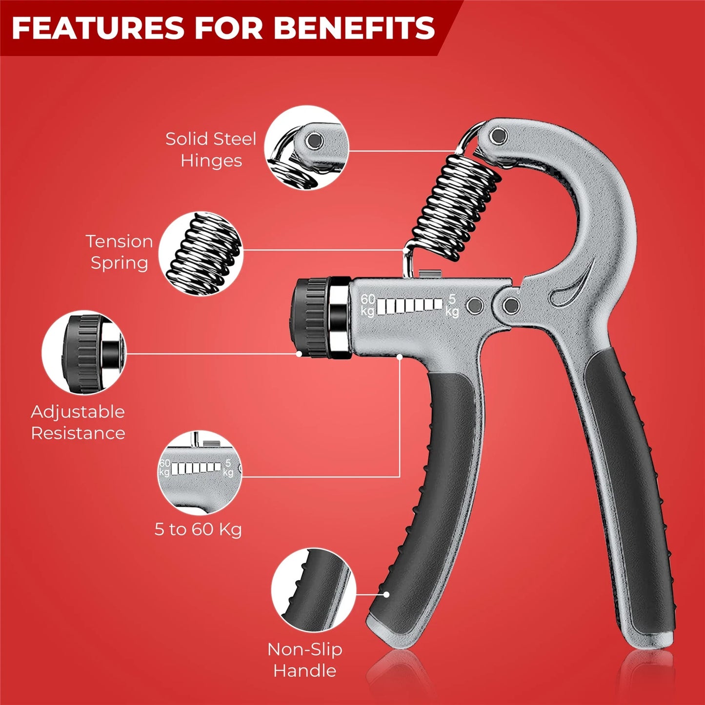 5-60KG Sport Hand Grip Strengthener Adjustable Forearm Trainer Finger Exerciser