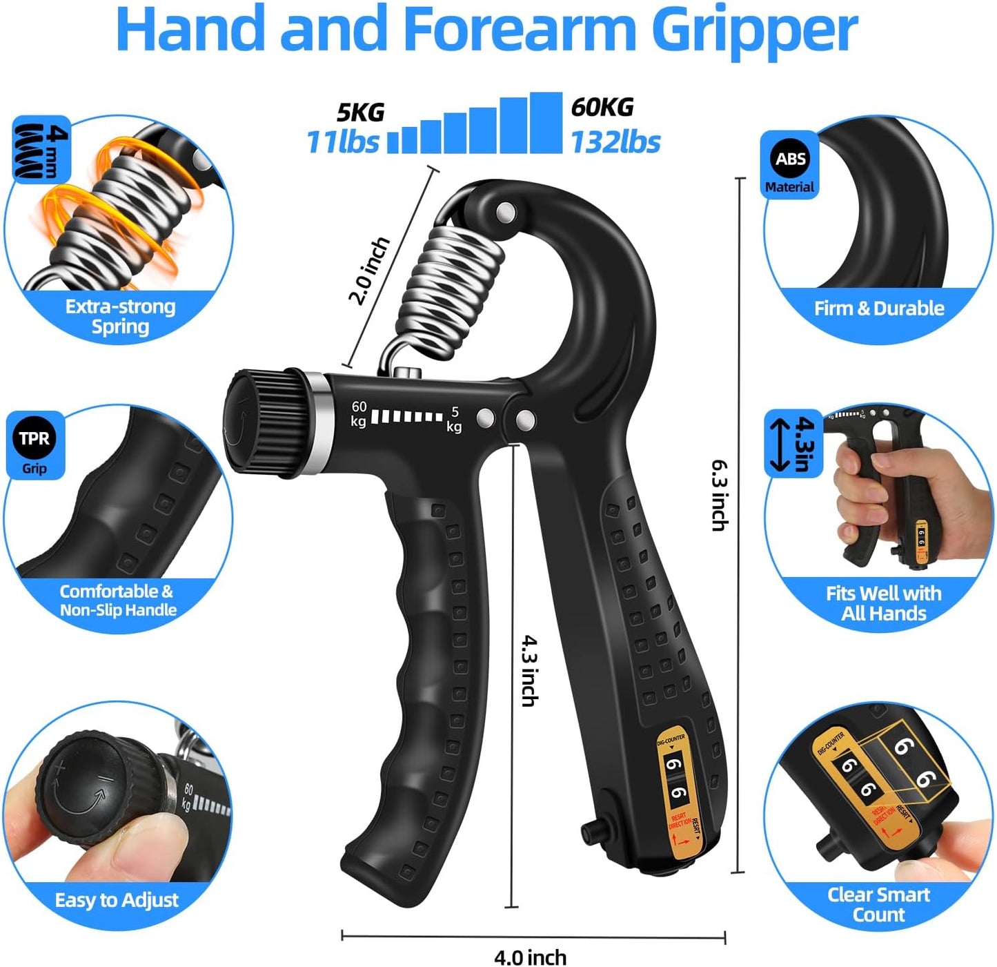 5PCS Grip Strength Trainer Kit with Adjustable Hand and Forearm Gripper, Hand Extension Exerciser, Finger Exerciser, Grip Ring & Stress Relief Grip Ball for Muscle Building and Injury Recover